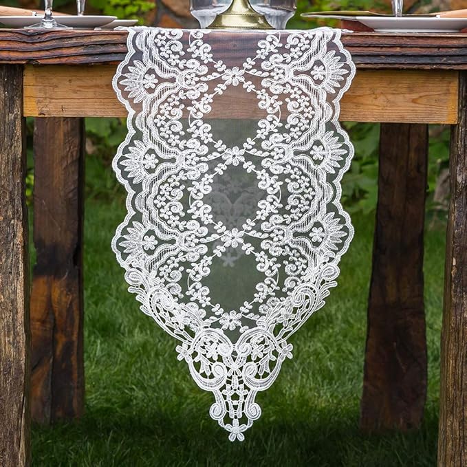 ARTABLE Rectangle Table Runner Lace Macrame Embroidered Table Runners with Exquisite Vintage Shabby Chic for Holiday Wedding Long Dinner Tables (White, 12 x 120 Inch)