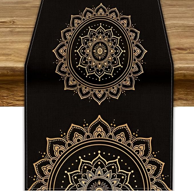 Golden Mandala Table Runner, Traditional Indian Gold Black Flower Vintage Luxury Bohemian Mandala Table Runner for Home Kitchen Dinning Table Indoor Outdoor Holiday, 13x70inch