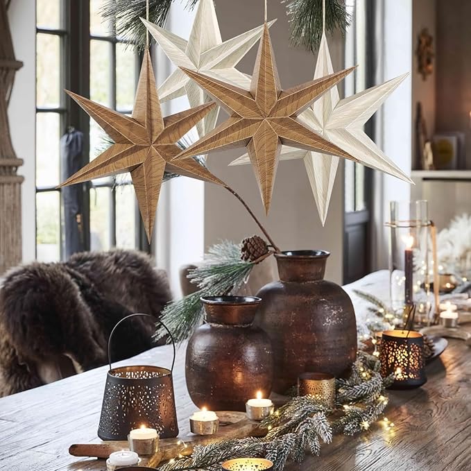 EASY JOY 5 Pcs Wood Grain Paper Star Lanterns 6-Pointed 12 Inch Christmas Hanging Lamp Rustic Paper Decorations Vintage Christmas Home Hanging Decoration for Xmas Tree Wedding Birthday Party Decor
