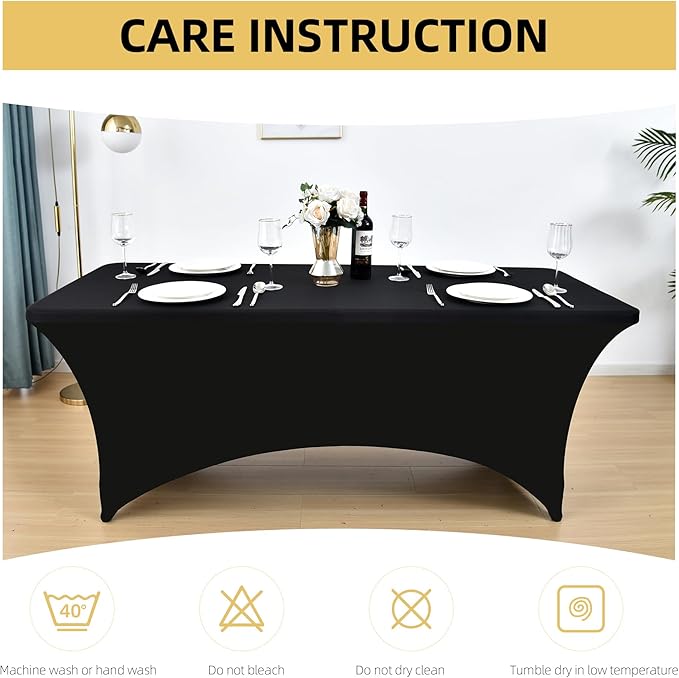 6-Pack 8ft Black Spandex Table Covers for Rectangle Folding Tables - Washable Elastic Tablecloth - Ultimate Fitted Table Protector for Birthday Parties, Trade Shows, Banquet