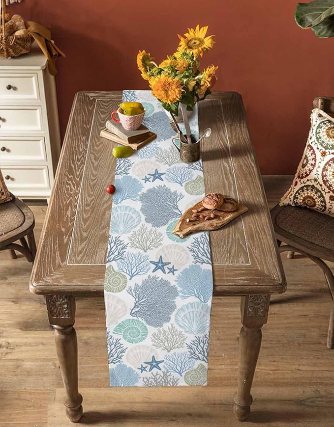 Coastal Coral Cotton Linen Table Runner for Dining Kitchen, Wedding Outdoor Party Tablerunners Decoration, Blue Nautical Starfish Ocean Shell Beach Dresser Scarf Coffee Tablecloth Runners 13x72 Inches