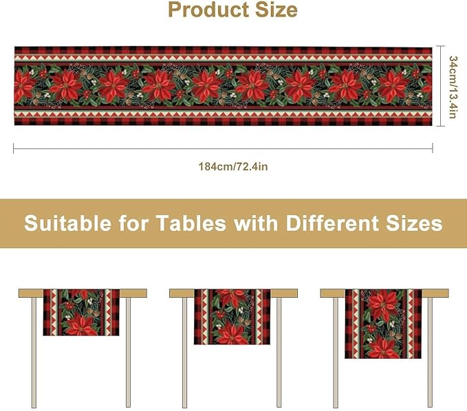 Christmas Table Runner,Seasonal Winter Xmas Holiday Plaid Table Cloth Kitchen Dining Table Decoration for Home Party Decor 13x120 Inch