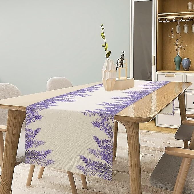 Purple Lavender Table Runner Vintage Watercolor Modern Kitchen Restaurant Decoration Suitable for Indoor and Outdoor Wedding Party Banquet Table Runner 13x90 Inch