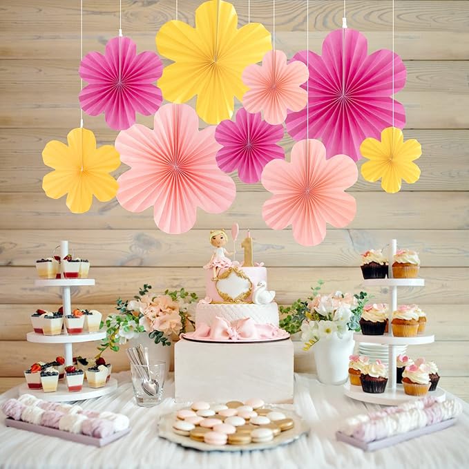 Easy Joy Paper Flowers Decorations for Wall Paper Fans Classroom Decoration Paper Floral Backdrop Decor Paper Fans Decoration Hanging Paper Fans Pink Flower Wall Decor, Set of 9