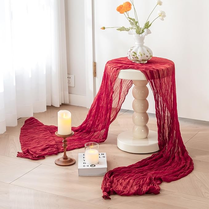 Sioloc Burgundy Red Cheesecloth Table Runner Fall Autumn Decor for Home 10ft Table Cloth for Wedding Birthday Party Bridal Shower Christmas Halloween Thanksgiving