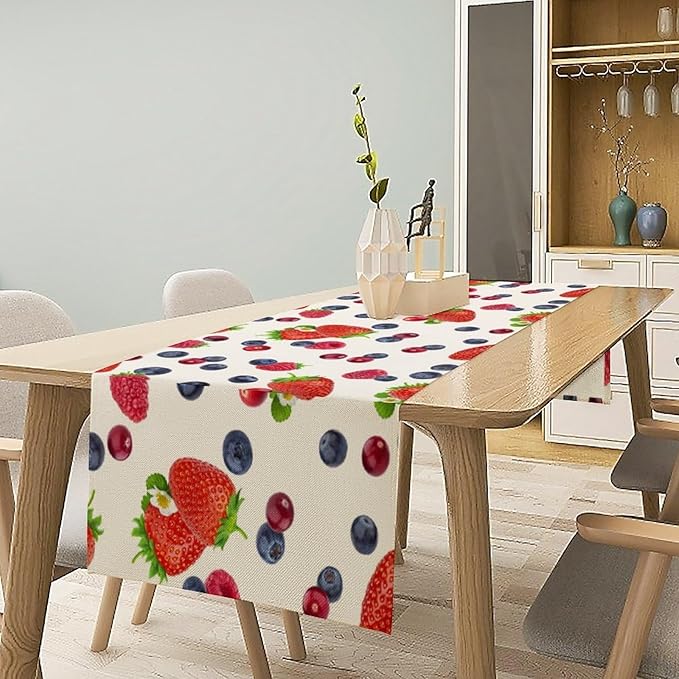 Strawberry Table Runner Spring Summer Fruit Wild Berry Forest Garden Dinner Runner for Farmhouse Party Holiday Home Kitchen Dining Table Decor 13x120