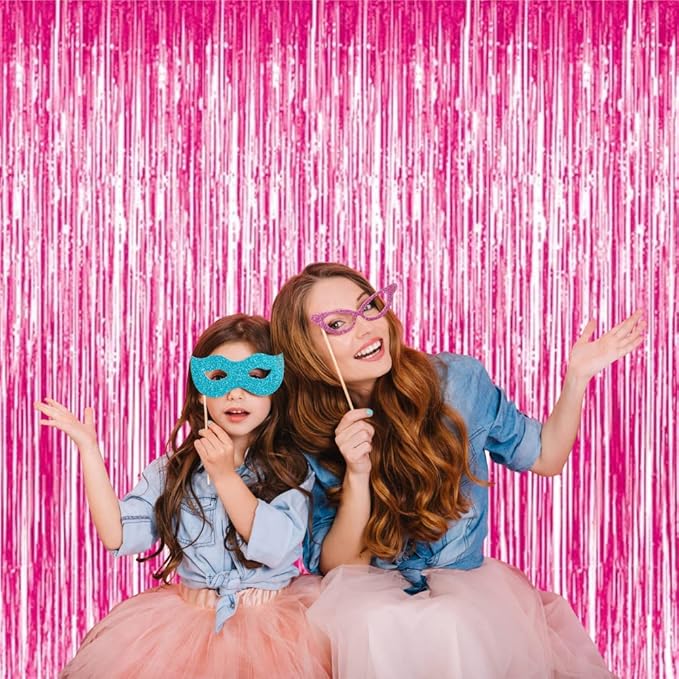 GOER 3.2 ft x 8.2 ft Metallic Tinsel Foil Fringe Curtains Party Photo Backdrop Party Streamers for Galentines Day,Birthday,Graduation,New Year Eve Decorations Wedding Decor (3 Pcs, Hot Pink)