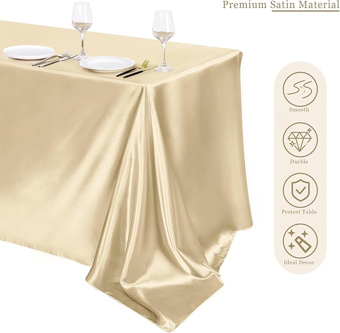 TURSTIN 8 Packs Champagne Satin Tablecloth 102 x 58 Inch Overlay Satin Table Cover Rectangle Bright Silk Tablecloth Smooth Fabric Table Decoration for Wedding Banquet Party Events