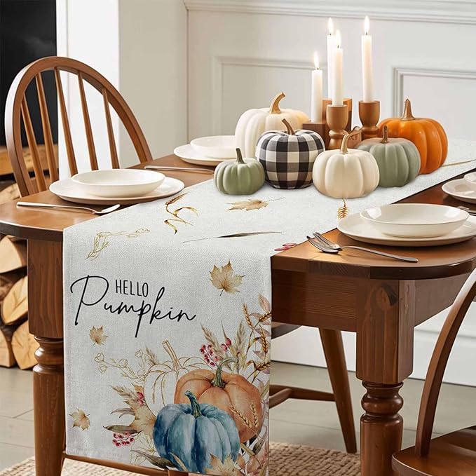 Fall Thanksgiving Cotton Linen Table Runner for Dining Kitchen, Orange Pumpkins Outdoor Party Autumn Tablerunners Decoration Rustic Wheat Leaves Dresser Scarf Coffee Tablecloth Runners 13x120 Inches