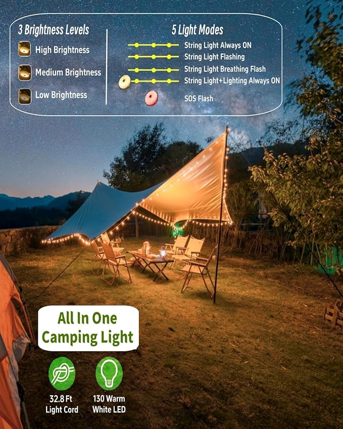 String Lights with 130 Warm White LEDs, Solar USB Rechargeable, 8 Modes
