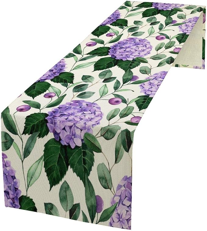 Spring Hydrangea Flower Table Runner, Seasonal Summer Plants Eucalyptus Leaves Purple Florals Dinner Runner for Home Kitchen Dining Table Party Holiday Decoration 13"x90"