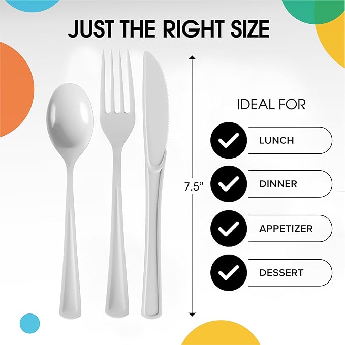 Disposable Plastic Spoons, Forks and Knives Set, 300 Count White