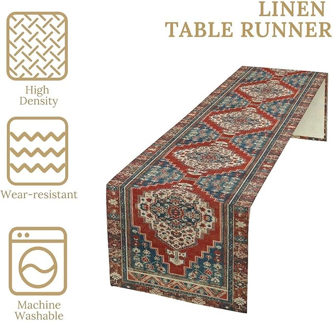 Boho Floral Vintage Table Runner, Red Blue Retro Flower Rustic Country Farmhouse Pattern for Home Kitchen Table Decor Dining Coffee Room Party Decor 13x108in