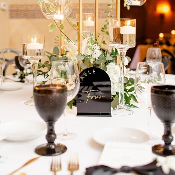 Place Card Table Numbers 1-10, Black Arch Acrylic with Gold Print