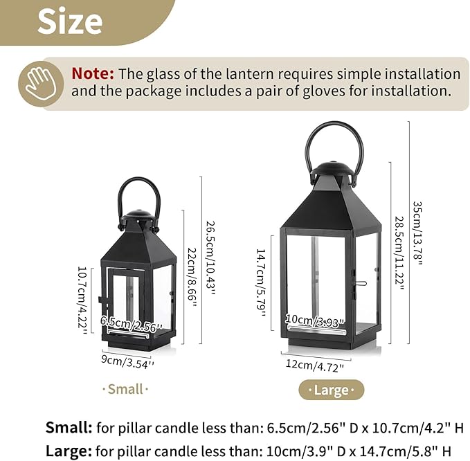 Black Metal Decorative Candle Lantern with Hanging Ring and Flat Base