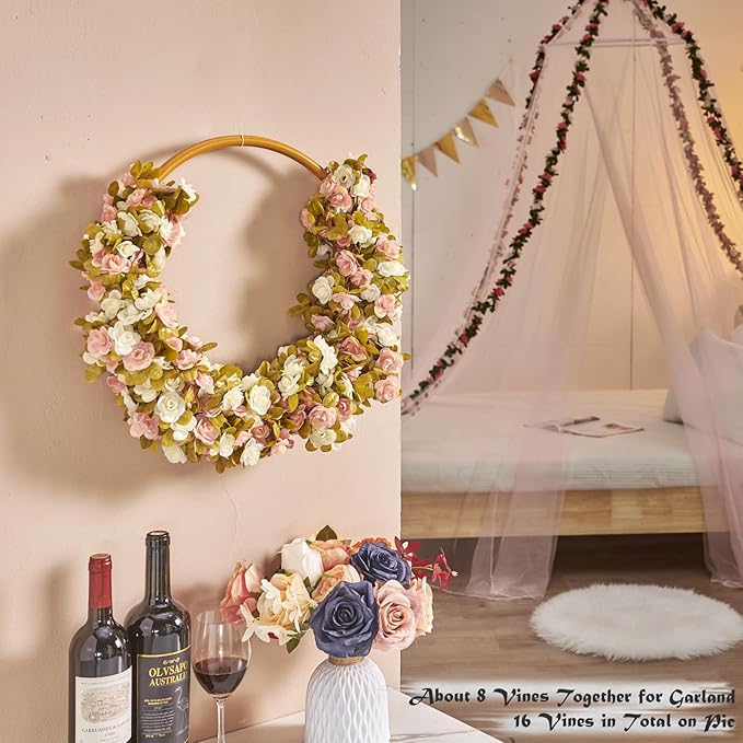 6 Pcs x 8.2 ft Flower Garland Artificial Rose Vine Flowers with Green Leaves Hanging Fake Roses Vine for Room Party Home Wedding Birthday Christmas Wall Arch Decor, Fall Pink Flower