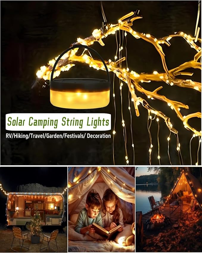 String Lights with 130 Warm White LEDs, Solar USB Rechargeable, 8 Modes