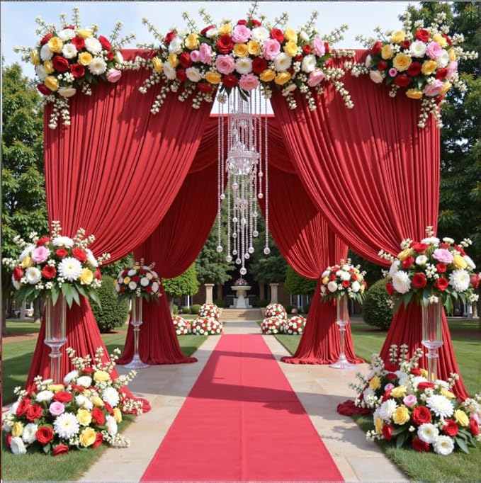 50ftx12ft Wrinkle Free Red Backdrop Curtain, 10 Panels 12FT Height Red Wedding Backdrop Drapes, Silky Polyester Back Drop Cloth for Birthday Photography Background Party Backdrop Draping