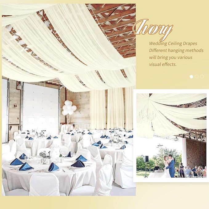 6 Panels Ivory Ceiling Drapes for Wedding 5ftx20ft Chiffon Fabric Arch Draping Curtains Sheer Drapery for Party Ceremony Birthday Baby Shower Reception Stage Swag Ceiling Decorations