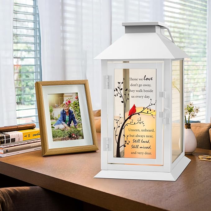 Decorative Memorial Candle Lantern, 14.2 Inch Flameless LED, Cardinal Design