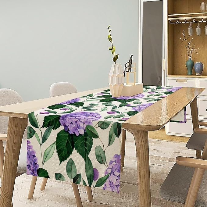 Spring Hydrangea Flower Table Runner, Seasonal Summer Plants Eucalyptus Leaves Purple Florals Dinner Runner for Home Kitchen Dining Table Party Holiday Decoration 13"x70"