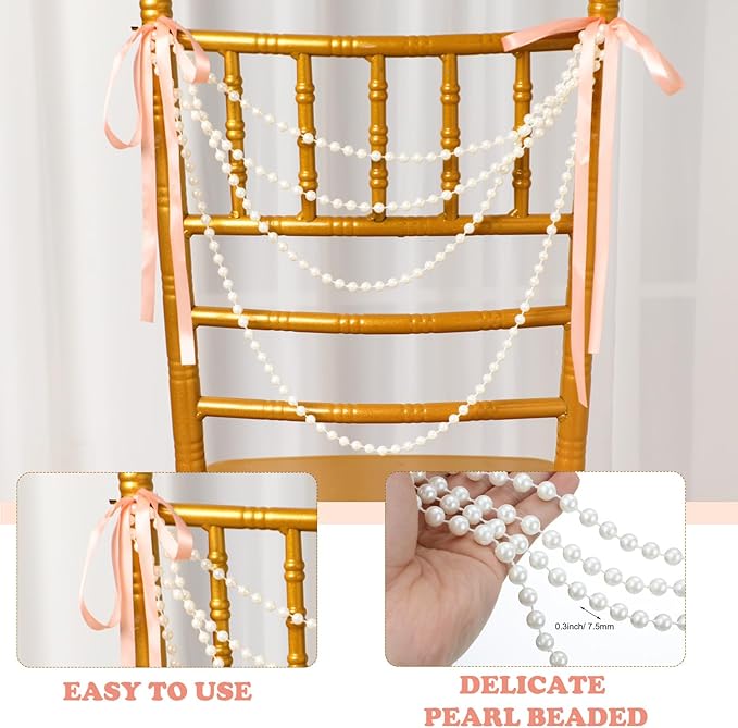 Garlands with Ivory Faux Pearls and Champagne Pink Satin Bows, 16 Pack