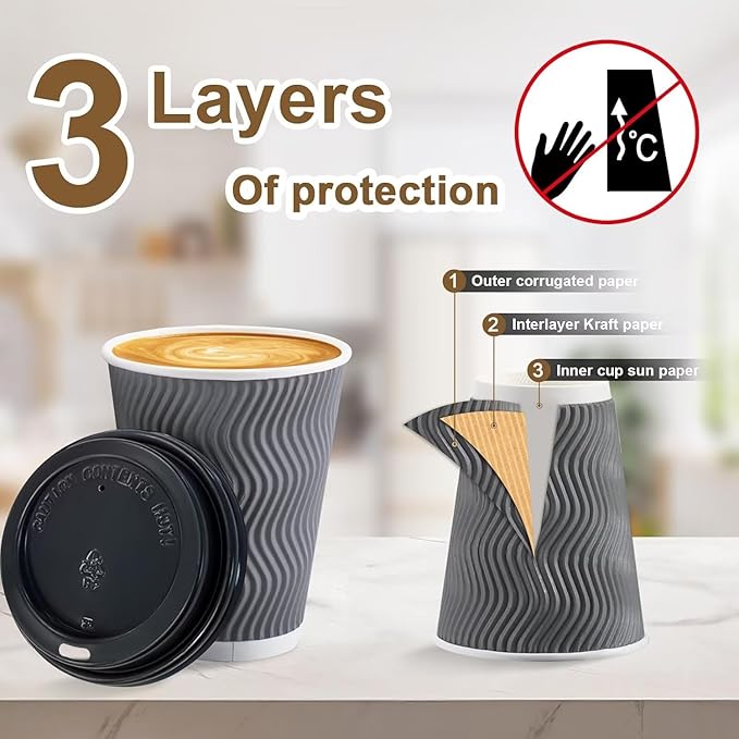 Disposable Coffee Cups with Lids, 16 oz, Gray, 100 Pack