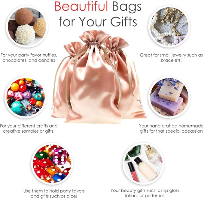Gift Bags, Rose Gold Satin Drawstring Favor Bags, 4 x 6 Inch, Pack of 50