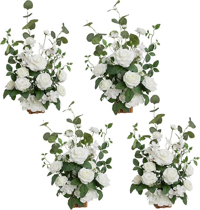 Artificial Flower Arrangements 4 Pack, 17.5 Inch White and Sage Wedding Decor