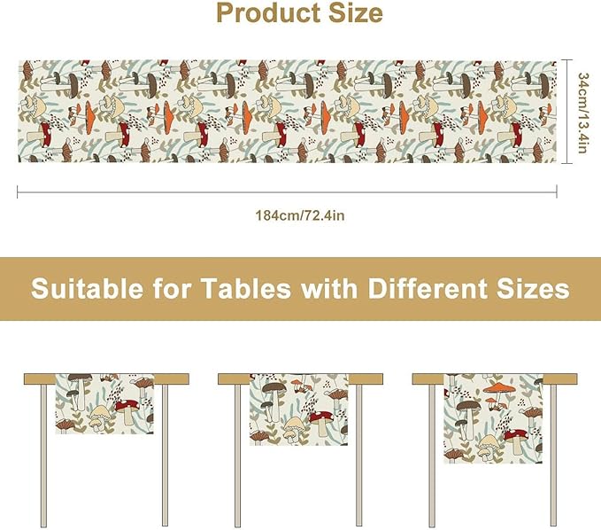 Mushroom Table Runner, Vintage Nature Plant Table Runner for Farmhouse Kitchen Dining Table Decoration for Home Party Decor 13x108 Inch