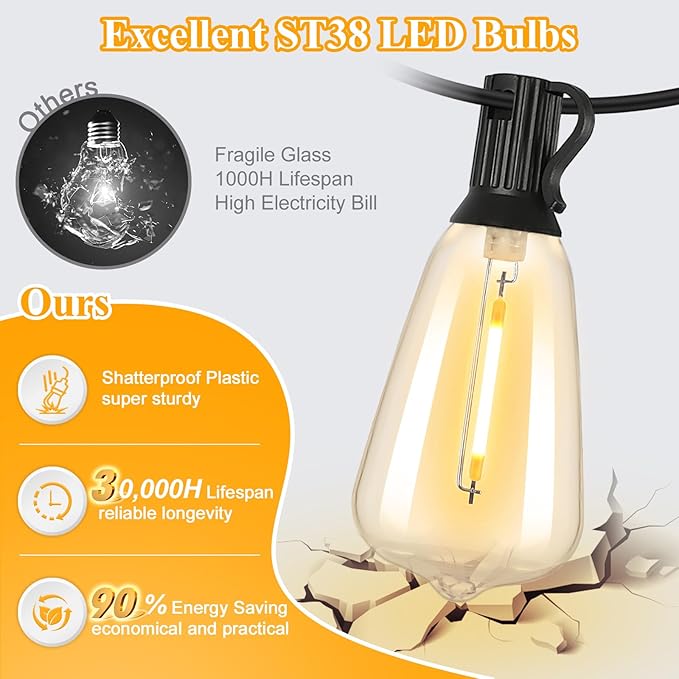 String Lights 100FT Outdoor with 52 Edison Bulbs, Black Wire