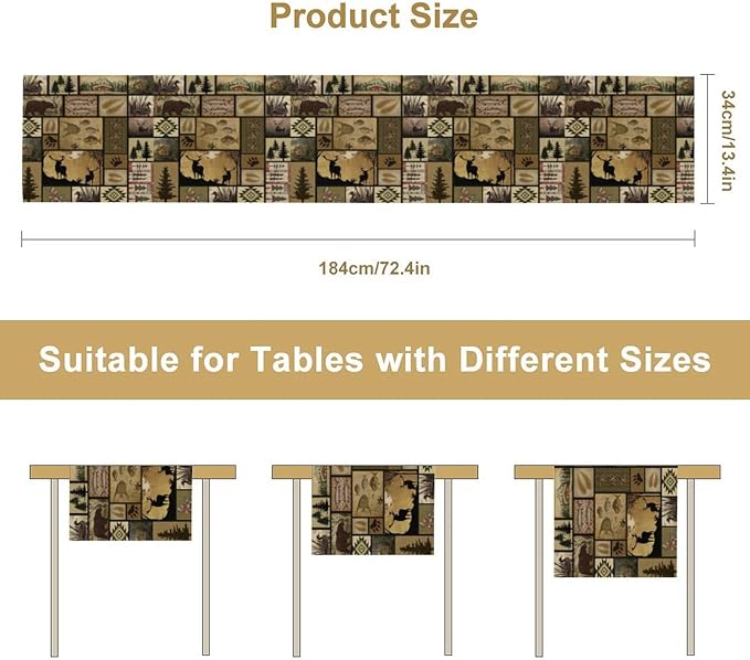 Vintage Deer Bear Table Runner, Fish Retro Farmhouse Cabin Lake Country Lodge Table Runner for Home Dinner Kitchen Living Room, 13x120 Inch