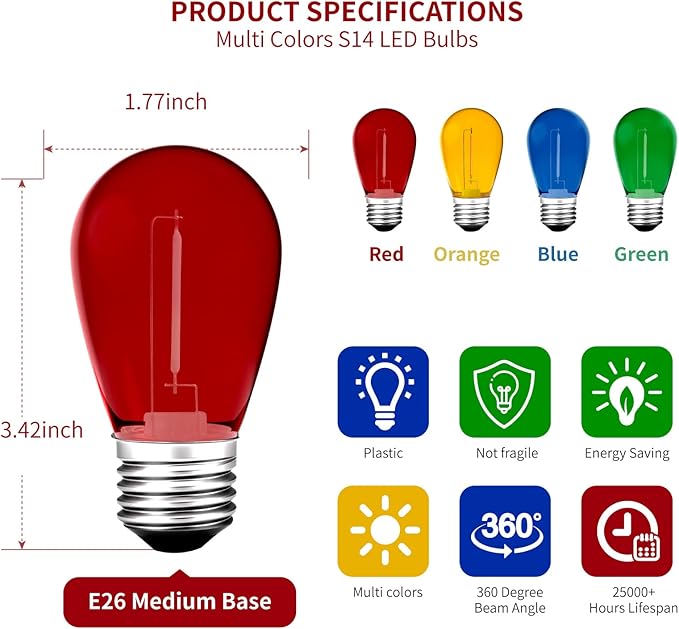 LED Replacement Bulbs 24 Pack S14 Multicolor E26 Base