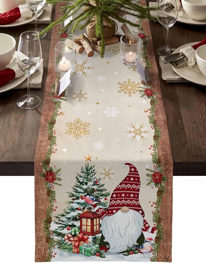 Christmas Gnomes Cotton Linen Table Runner for Dining Kitchen, Xmas Pine Tree Snowflake Rustic Wedding Outdoor Party Tablerunners Decoration, Retro Wood Dresser Scarf Tablecloth Runners 13x70 Inches