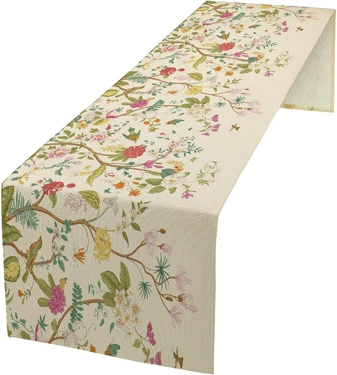 Floral Table Runner, Vintage Birds Wildflowers Herbs Nature Theme Linen Long Table Kitchen Dining Table Holiday Party Decorative Table Runner,13in（33cm） W * 36in（92cm） L