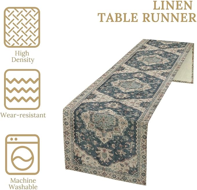 Boho Bohemia Style Table Runner, Vintage Blue Retro Flower Rustic Country Style Floral Print Pattern for Home Kitchen Table Decor Dining Coffee Room Garden Party Decor 13x36in