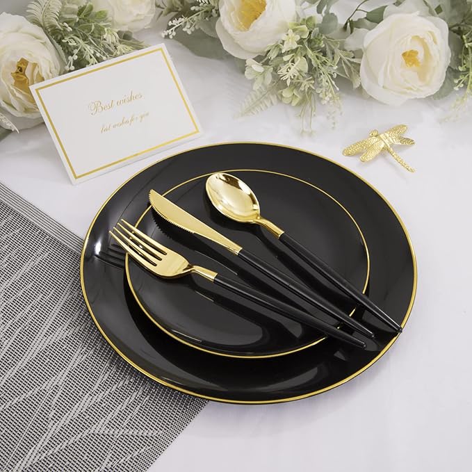 Plastic Party Plates, 60 Count, Black with Gold Rim, BPA Free