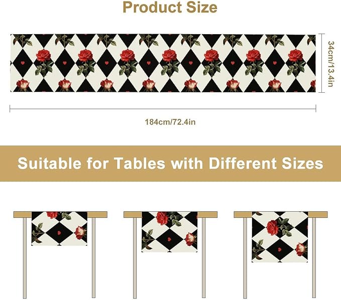 Vintage Rose Table Runner, Red Rose Hearts Black White Checkered Background Table Runner for Kitchen Dinning Table Runner Decor Home Wedding Party Holiday, 13x120 Inch