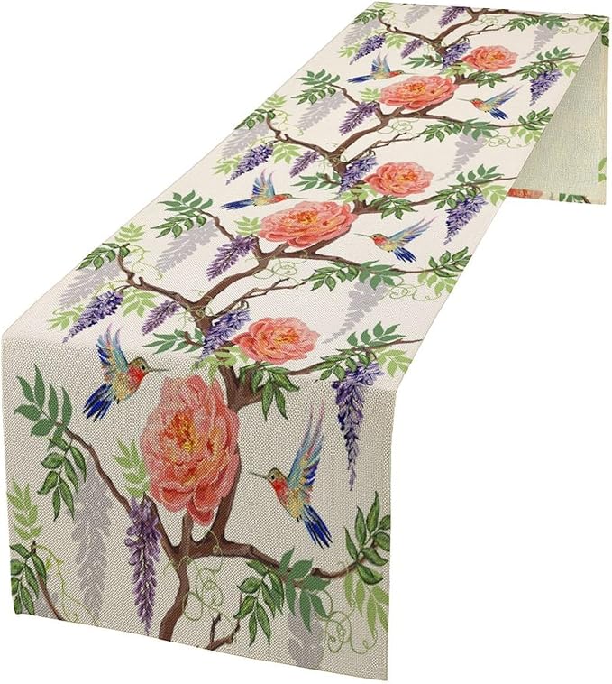 Vintage Bird Flower Table Runner Seasonal Spring Purple Wisteria Garden Plants Lavender Pink Florals Farmhouse Country Kitchen Dinner Runner Dining Table Decoration for Home Party Holiday 13"x70"