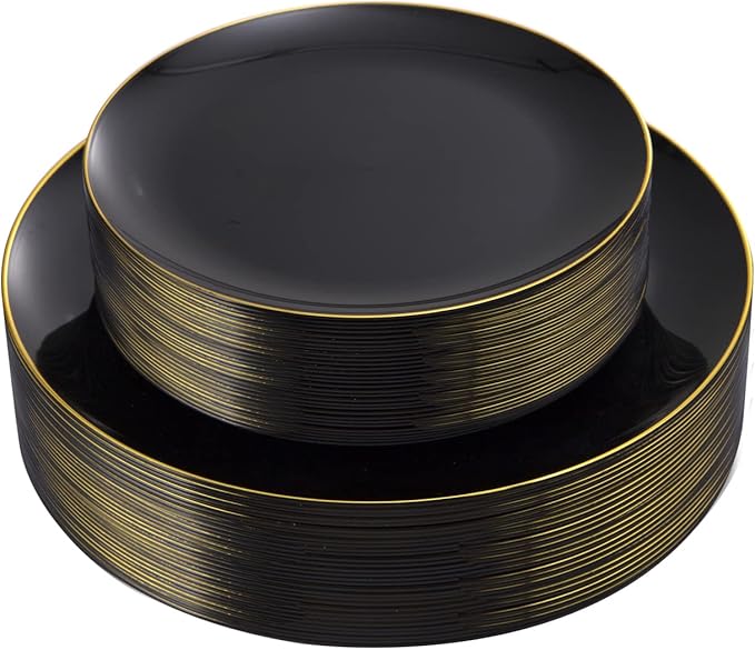 Plastic Party Plates, 60 Count, Black with Gold Rim, BPA Free
