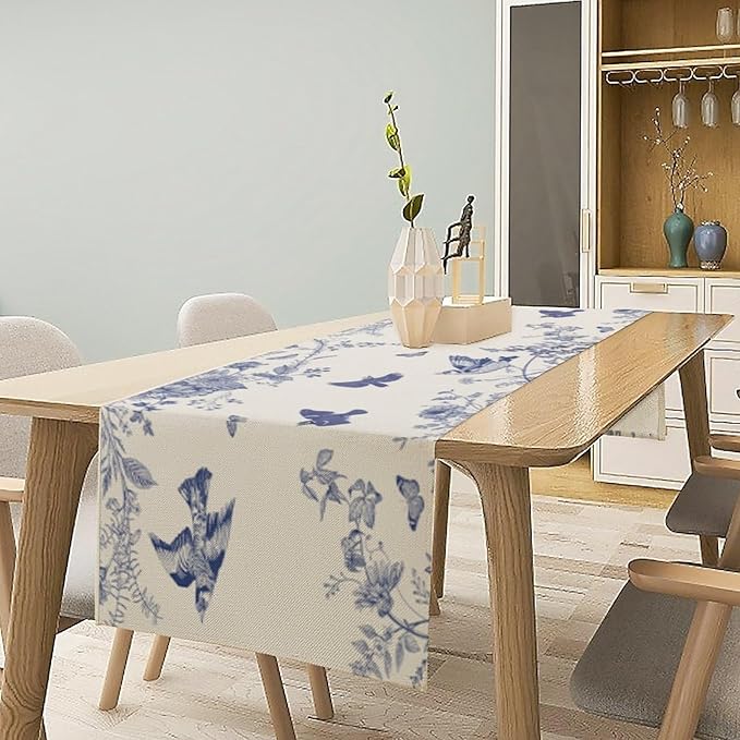Monochrome Sketch Flowers Bird Table Runner, Seasonal Spring Fall Plants Blue Florals Dinner Runner for Home Kitchen Dining Table Party Holiday Decoration 13"x108"