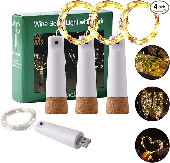 Wine Bottle Lights - 4 Pack Rechargeable Battery Operated 140mAh 20 LED Bottle Stoppers，8 Light Modes Switching,Perfect for Christmas, Weddings, Halloween, and More(Warm)