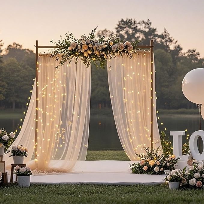 10×8ft Tulle Backdrop Curtains with Lights String - 300LED Fairy Lights Sheer Curtain Backdrop for Weddings Baby Shower and Birthday Party Decorations(4 Panels 5×8ft)