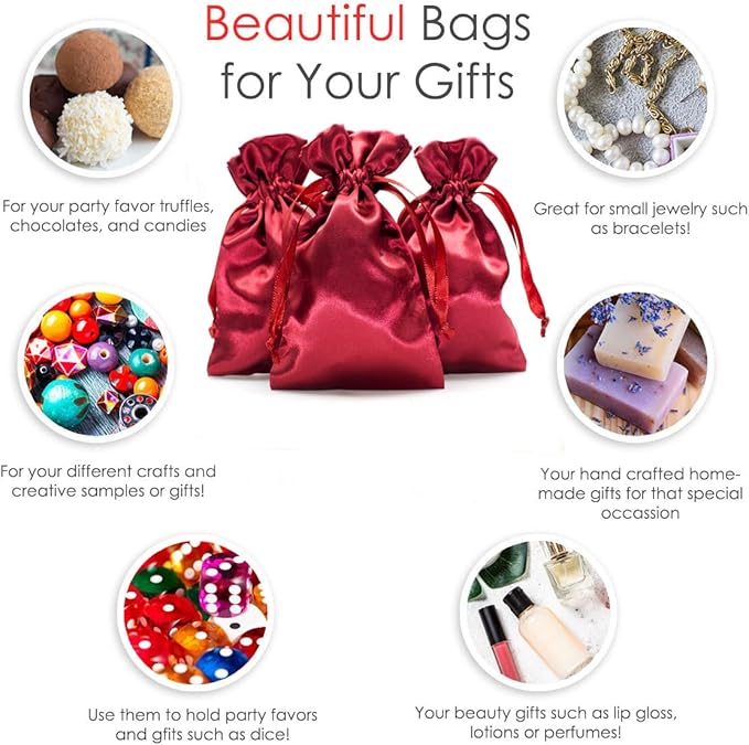 Gift Bags, Burgundy Satin Drawstring, 5 x 8 Inch, Pack of 50