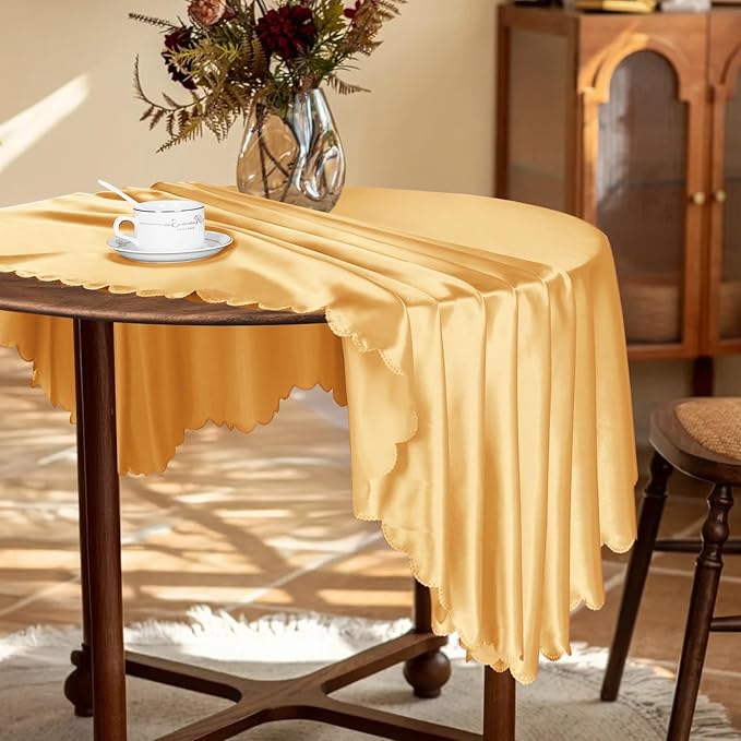 KKJIAF 1 Pack Round Table Cloths 90 Inch, Gold Overlay Round Satin Table Cover, Silky Satin Dining Tablecloths for Wedding Buffet Parties Banquet Decoration