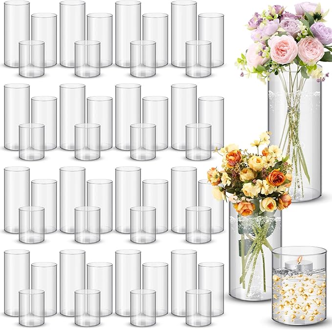 Cylinder Vases, 48 Pack Clear Plastic in 3 Sizes for Floral Centerpieces