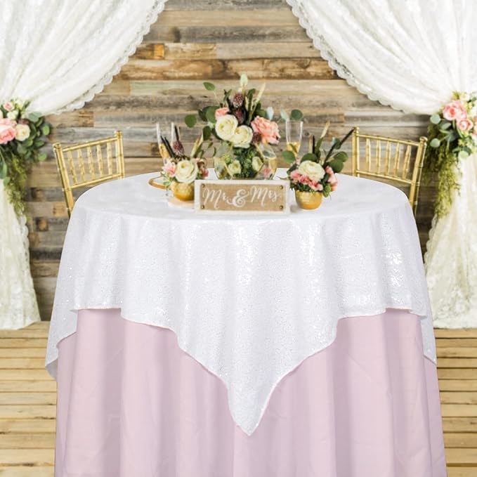 ShinyBeauty Sequin Tablecloth Square 54x54-Inch White Table Cloths for Round Table White Sequin Fabric Tablecloth Overlay Glitter Linen for Parties Small Square Tablecloth for Wedding