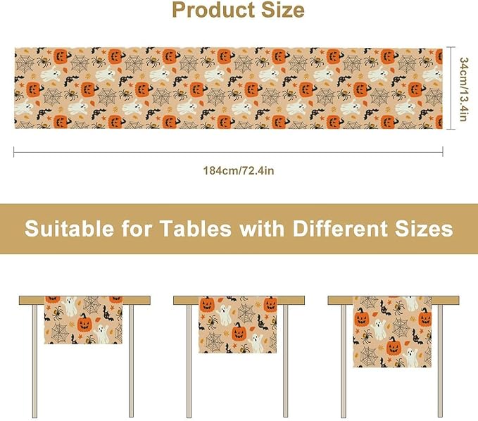 Halloween Table Runner,Cute Ghost Pumpkin Leaves Table Runner for Kitchen Dining Table Decoration Home Party Decor 13x36 Inch