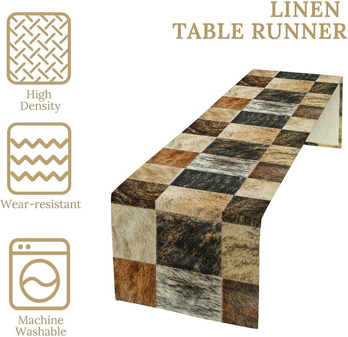 Rustic Cow Skin Patchwork Print Table Runner, Farmhouse Country Western Style Fur Table Cover for Dinning Home Party Holidays Home Setting, 13x60 Inch