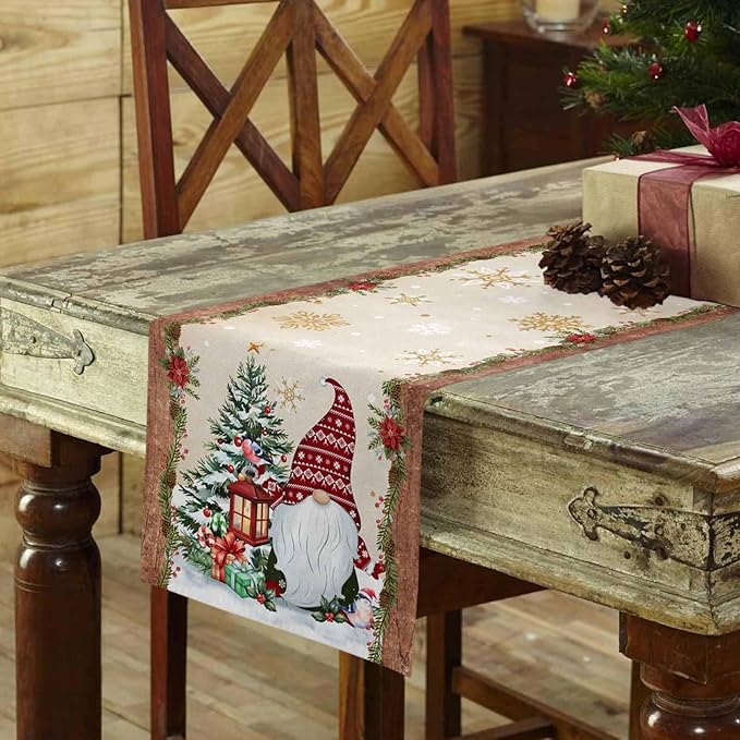 Christmas Gnomes Cotton Linen Table Runner for Dining Kitchen, Xmas Pine Tree Snowflake Rustic Wedding Outdoor Party Tablerunners Decoration, Retro Wood Dresser Scarf Tablecloth Runners 13x120 Inches